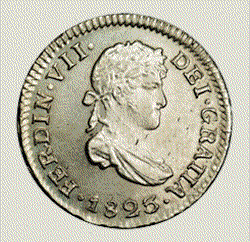 Moneda colonial de ocho reales con el busto del rey